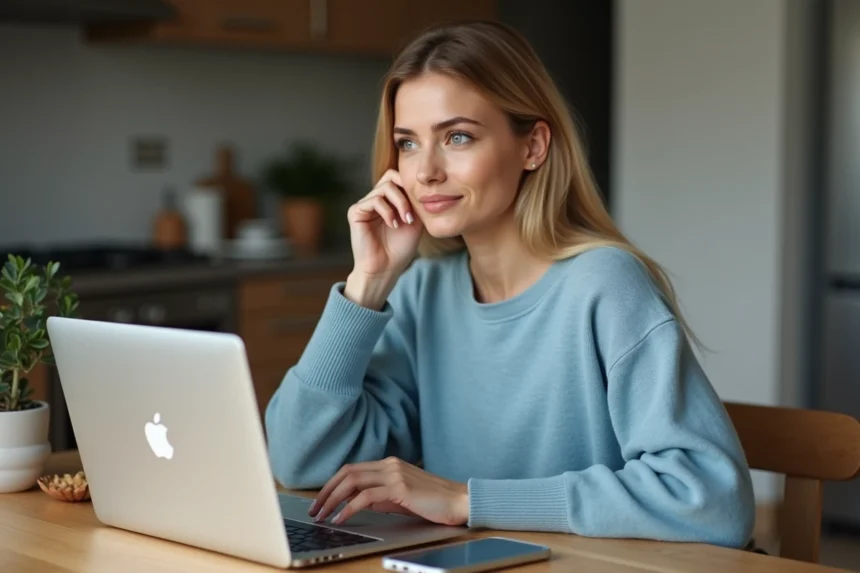 Femme en intérieur utilisant son MacBook et iPhone