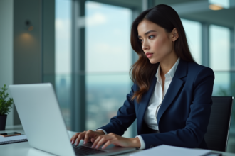 Femme d affaires au bureau utilisant un ordinateur avec vue sur la ville