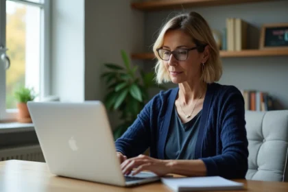 Femme d'âge moyen vérifiant ses paramètres de sécurité webmail dans un bureau moderne