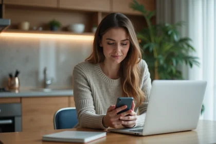 Jeune femme utilisant son smartphone dans une cuisine moderne