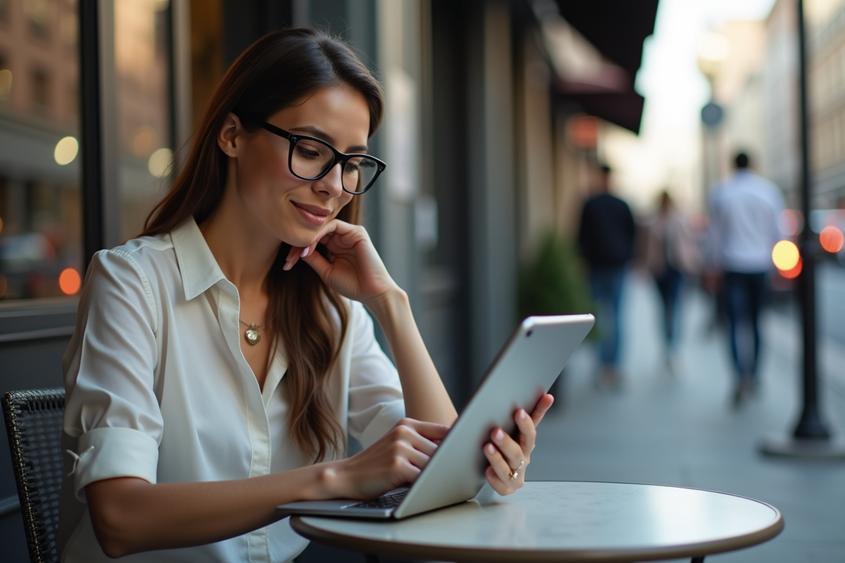 Femme au café utilisant une application de gestion de mots de passe