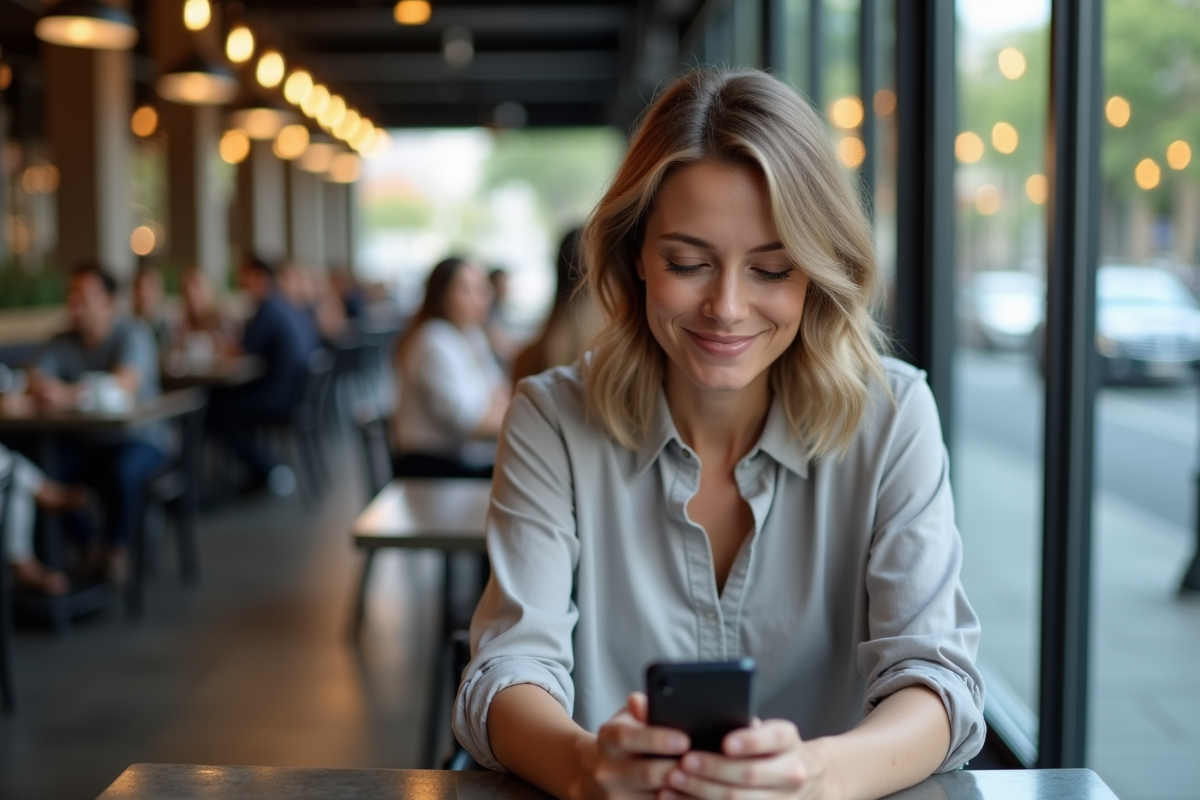 Femme au café utilisant son smartphone pour YouTube
