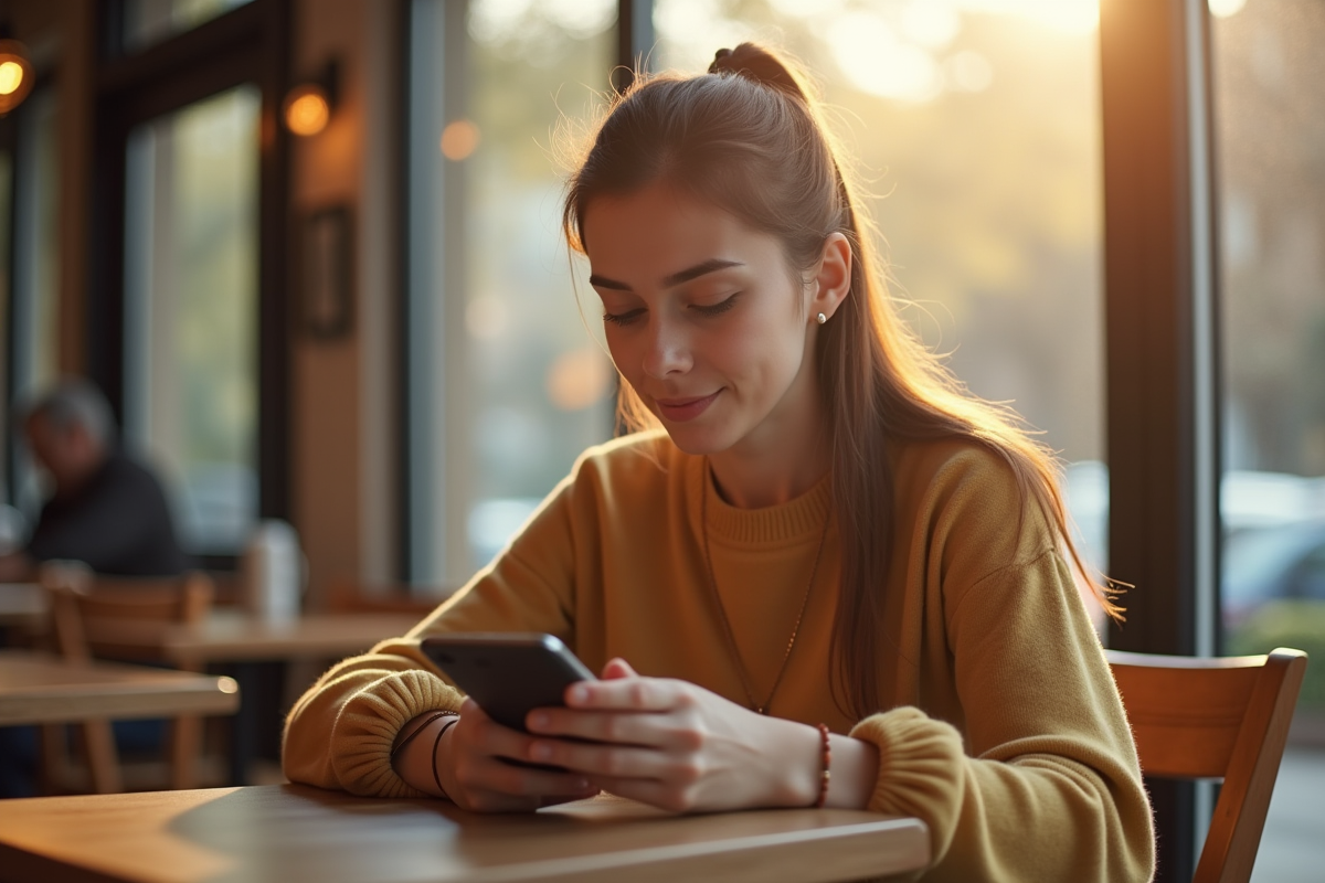 Jeune femme au café regardant son smartphone en lumière naturelle
