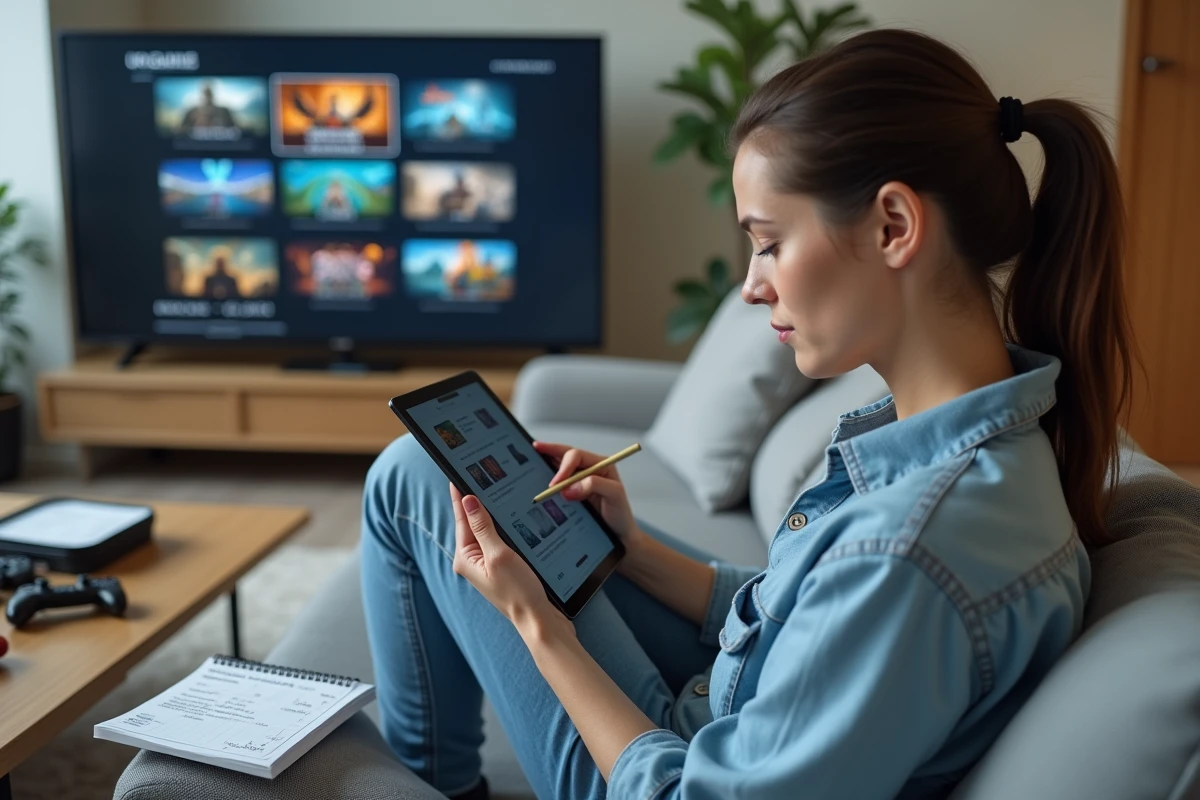 Femme assise sur un canapé comparant le coût d'un abonnement gaming et des achats de jeux à l'unité sur une tablette