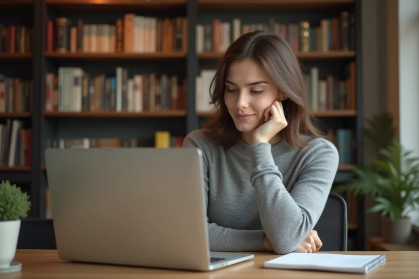 Jeune femme évaluant un convertisseur YouTube MP3 gratuit sur son ordinateur portable dans un bureau à domicile