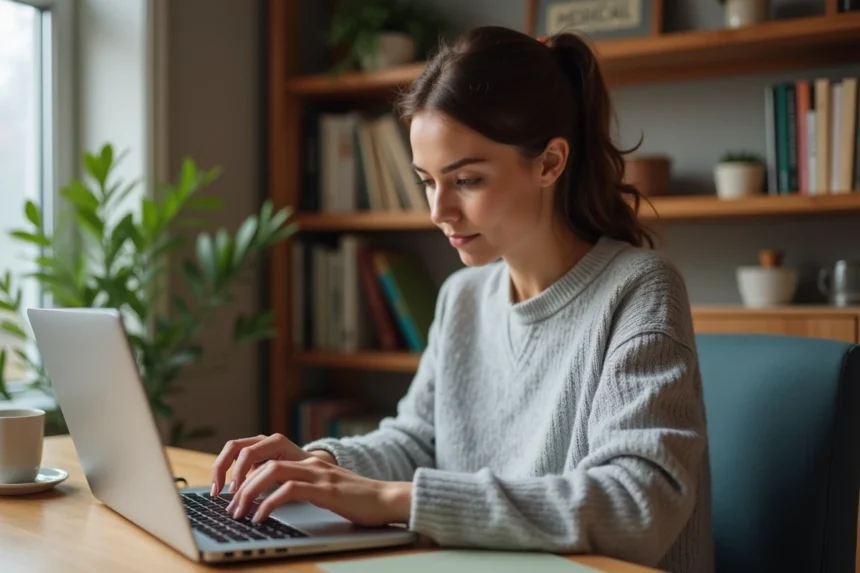 Femme tapant sur un clavier d'ordinateur portable pour écrire des lettres accentuées comme le È majuscule