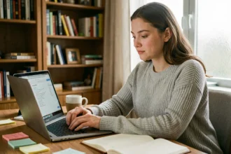 Jeune femme utilisant un compteur de caractères en ligne sur son ordinateur portable dans un bureau à domicile cosy