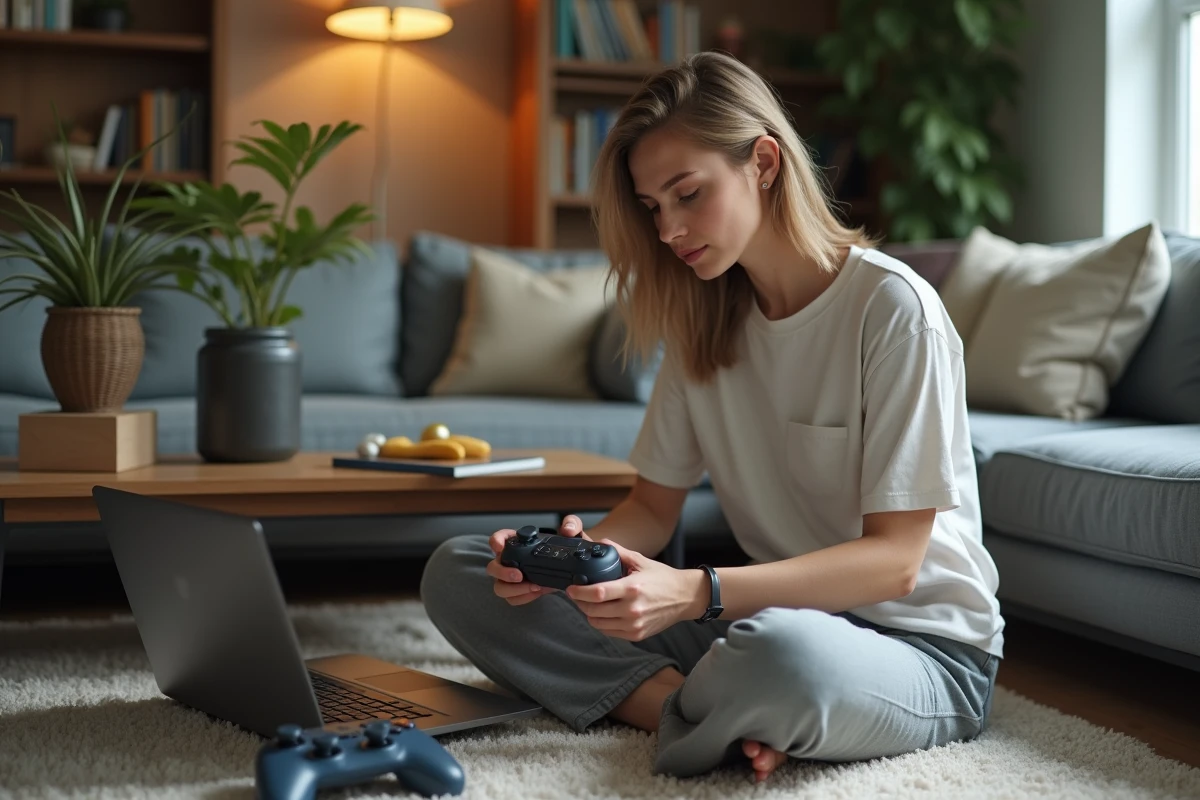 Jeune femme connectant une manette à un PC dans le salon