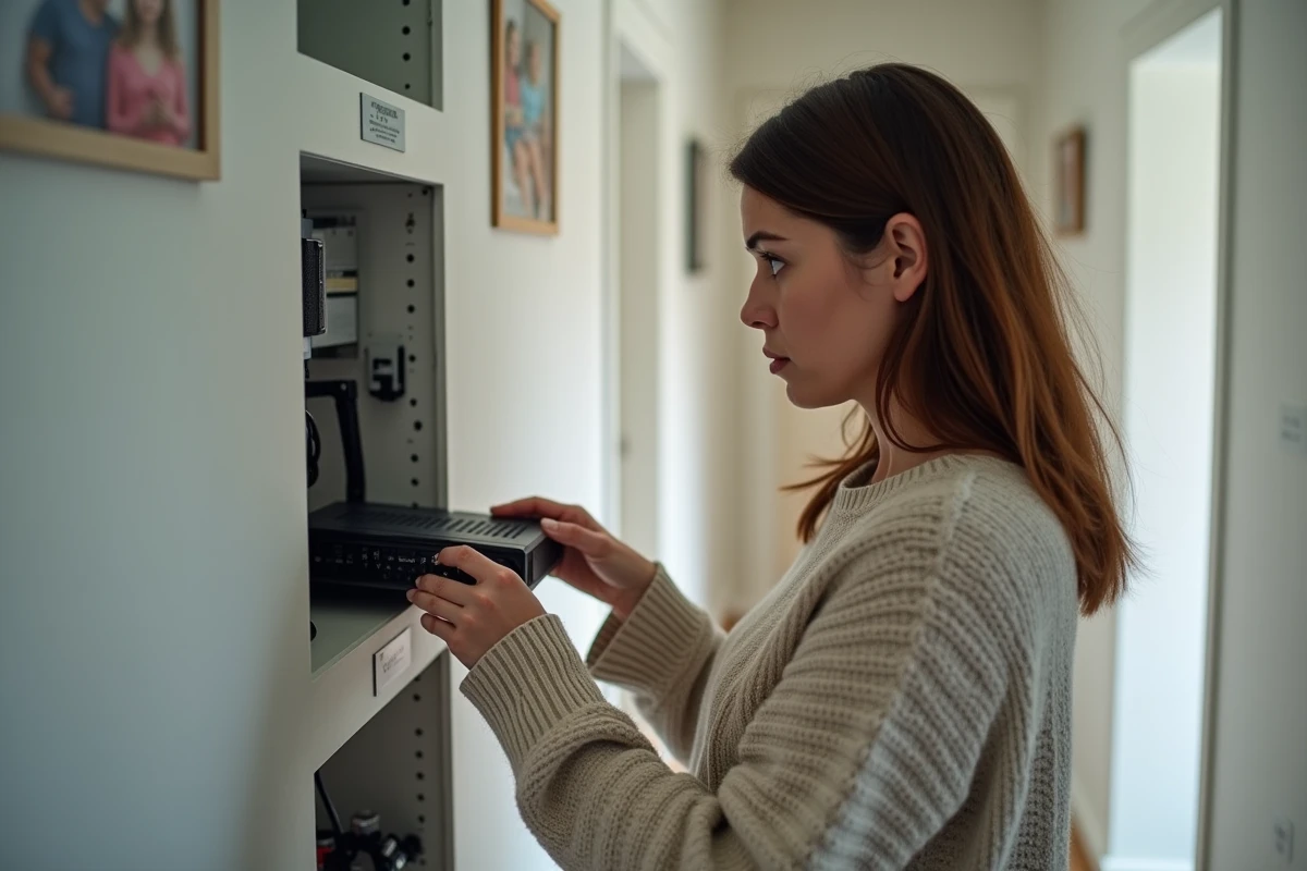 Femme vérifiant le routeur dans le couloir