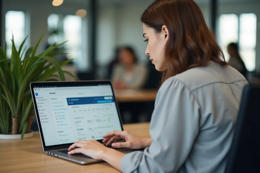 Femme consultant ses bulletins de paie en ligne sur un portail RH via myPrimobox sur un ordinateur portable au bureau