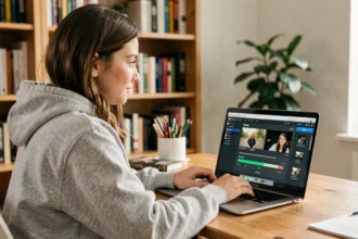 Jeune femme utilisant un logiciel de conversion vidéo vers MP4 sur son ordinateur portable dans un bureau à domicile