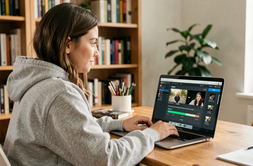 Jeune femme utilisant un logiciel de conversion vidéo vers MP4 sur son ordinateur portable dans un bureau à domicile