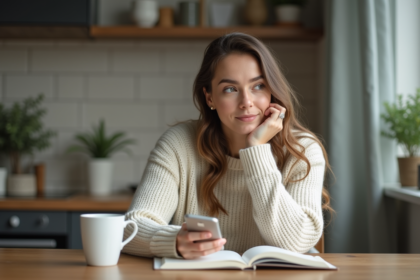 Femme pensive dans une cuisine moderne avec smartphone