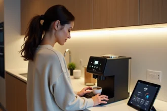 Femme en cuisine programmant une machine à café connectée