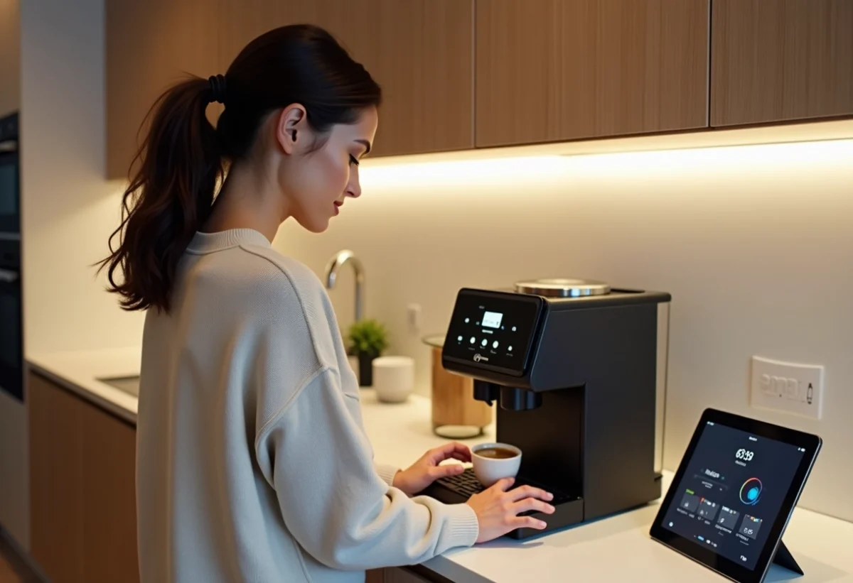 Femme en cuisine programmant une machine à café connectée