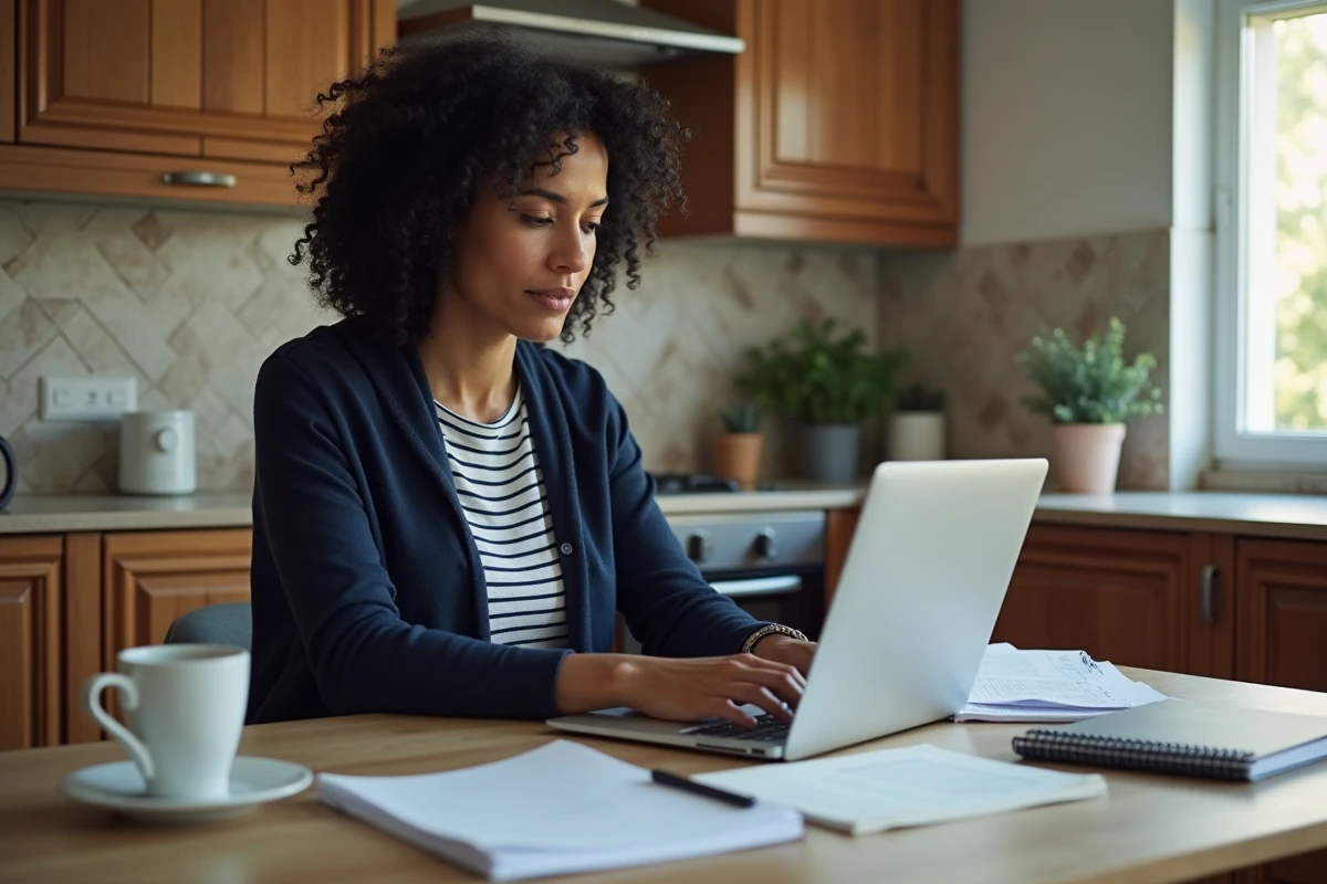 Femme concentrée travaillant sur son ordinateur dans la cuisine