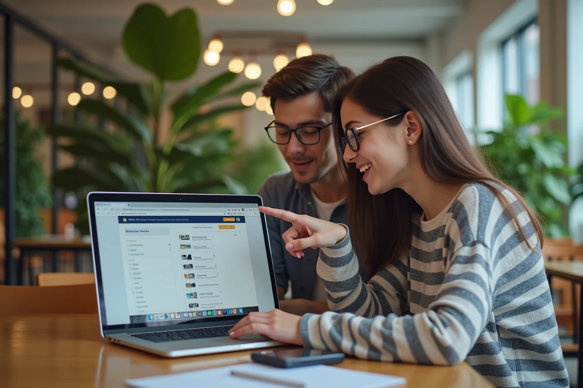 Femme souriante discutant avec un adolescent devant un ordinateur