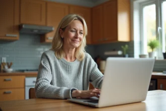 Femme consultant ses fiches de paie en ligne sur un ordinateur portable dans une cuisine moderne