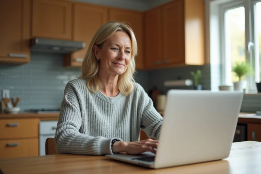 Femme consultant ses fiches de paie en ligne sur un ordinateur portable dans une cuisine moderne