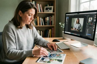 Femme utilisant un logiciel de retouche d'image sur ordinateur de bureau pour fusionner des photos JPG sans passer par Internet