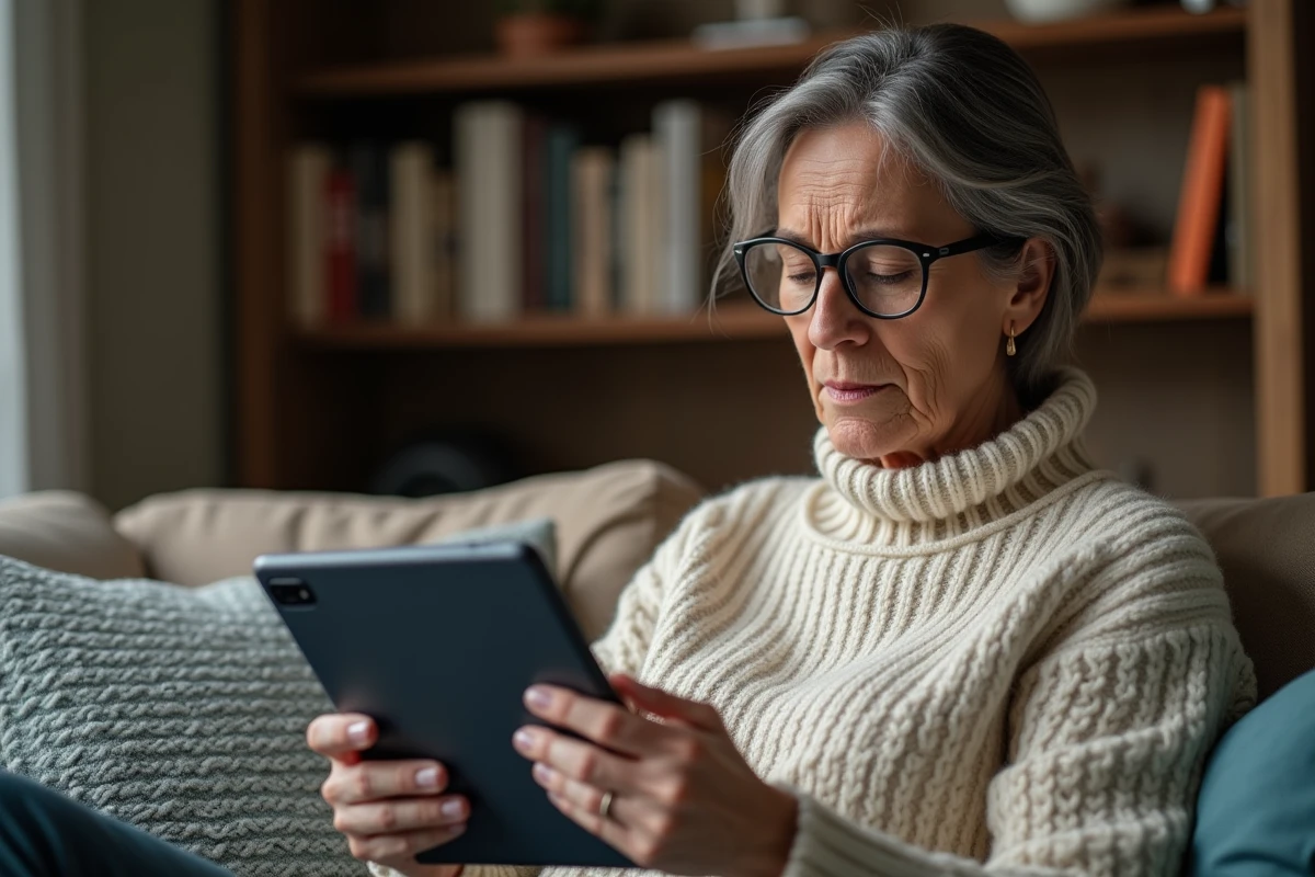 Femme âgée perplexe regardant une tablette avec image déformée
