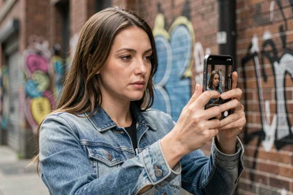 Femme utilisant un iPhone 12 pour photographier dans un environnement urbain avec art de rue en arrière-plan