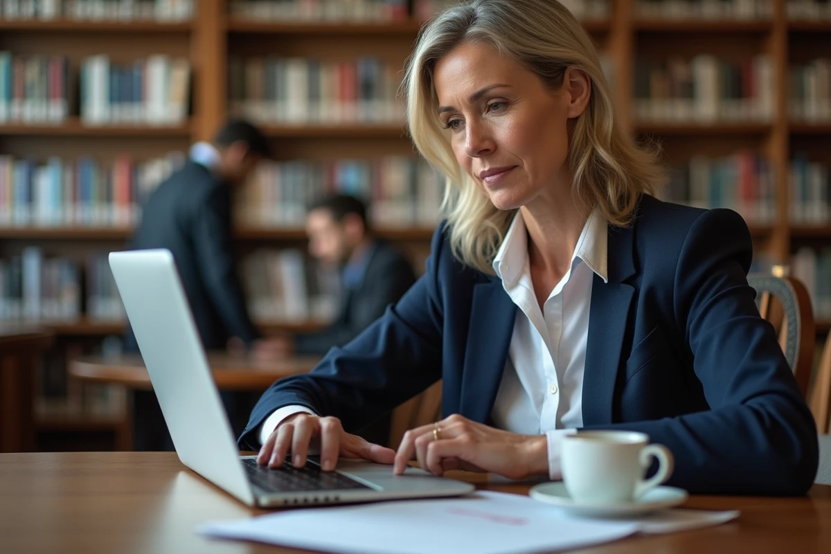 Femme d age moyen lisant documents dans une bibliothèque