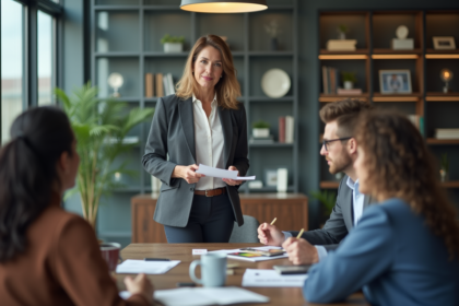 Femme en blazer lors d'une réunion d'équipe en entreprise