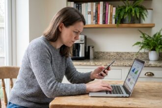 Jeune femme en sweater compare plans mobiles à la maison