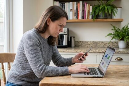 Jeune femme en sweater compare plans mobiles à la maison