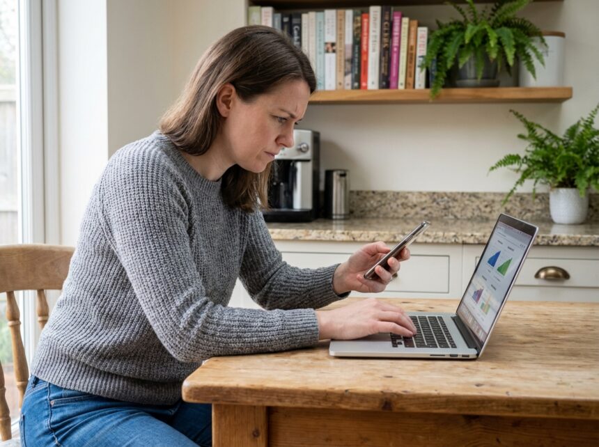Jeune femme en sweater compare plans mobiles à la maison