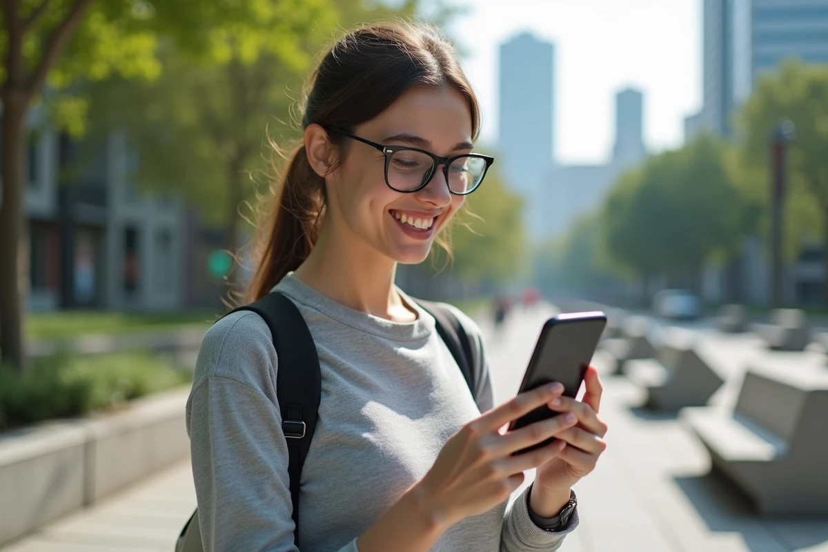 Femme souriante regardant un classement sur smartphone en plein air