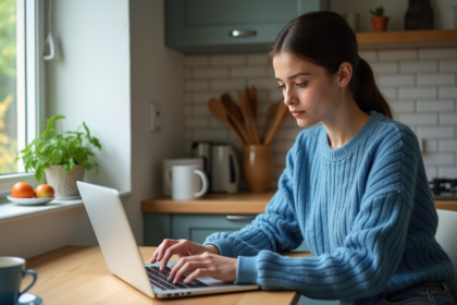 Jeune femme saisissant une clé WiFi sur son ordinateur à la maison