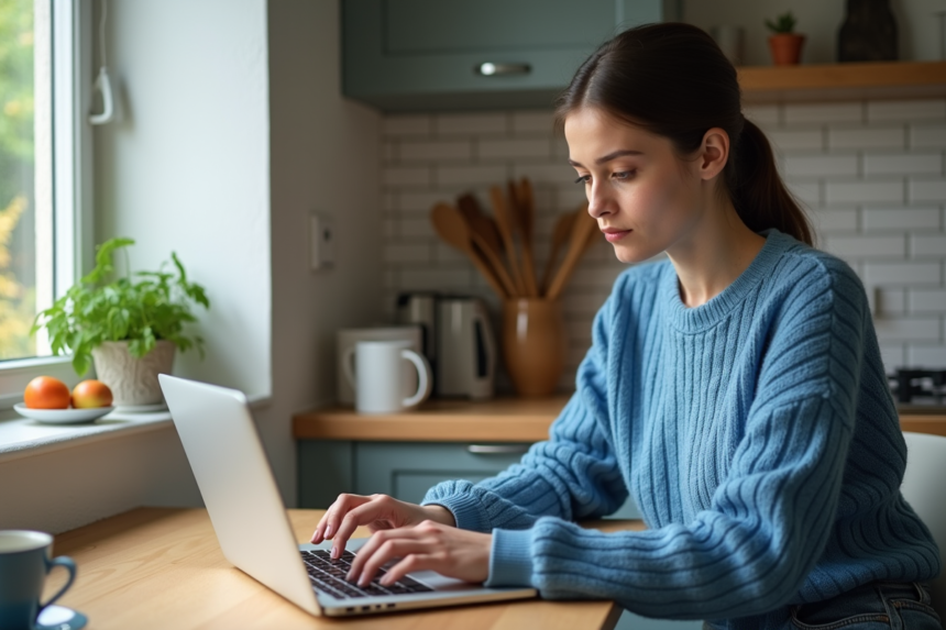 Jeune femme saisissant une clé WiFi sur son ordinateur à la maison