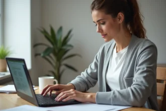 Femme utilisant un outil PDF gratuit sur son ordinateur portable dans un bureau à domicile moderne