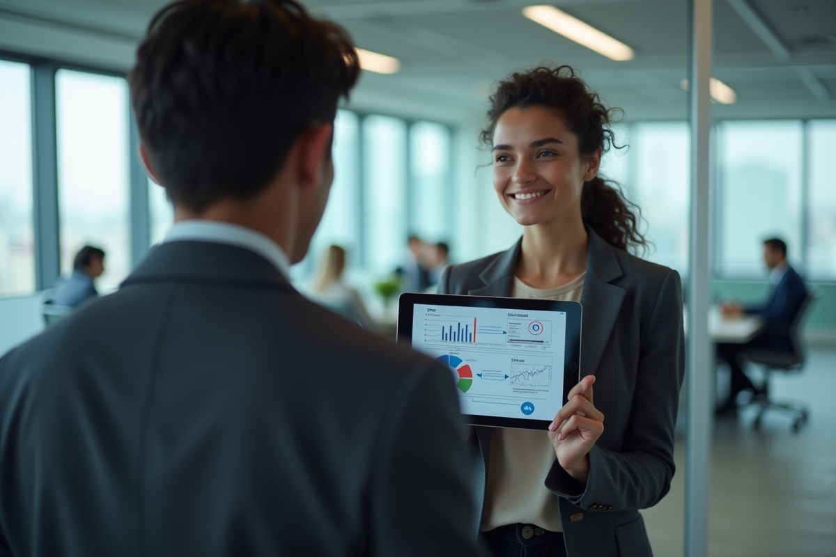 Jeune femme expliquant un diagramme de base de données en réunion
