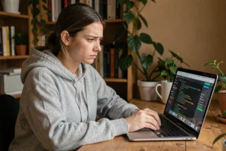 Jeune femme frustrée devant son écran d'ordinateur montrant un problème de formatage italique sur Discord