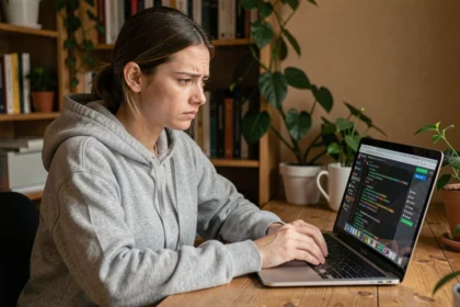 Jeune femme frustrée devant son écran d'ordinateur montrant un problème de formatage italique sur Discord