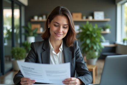 Femme d'affaires concentrée au bureau avec papiers et ordinateur