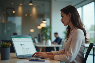 Femme professionnelle utilisant Excel dans un bureau moderne