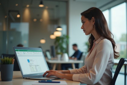 Femme professionnelle utilisant Excel dans un bureau moderne