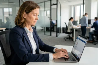 Femme professionnelle rédigeant un email en entreprise avec gestion des destinataires Cc et Cci sur un ordinateur portable