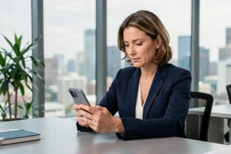 Femme professionnelle utilisant un Xiaomi 14T dans un bureau moderne pour un usage professionnel
