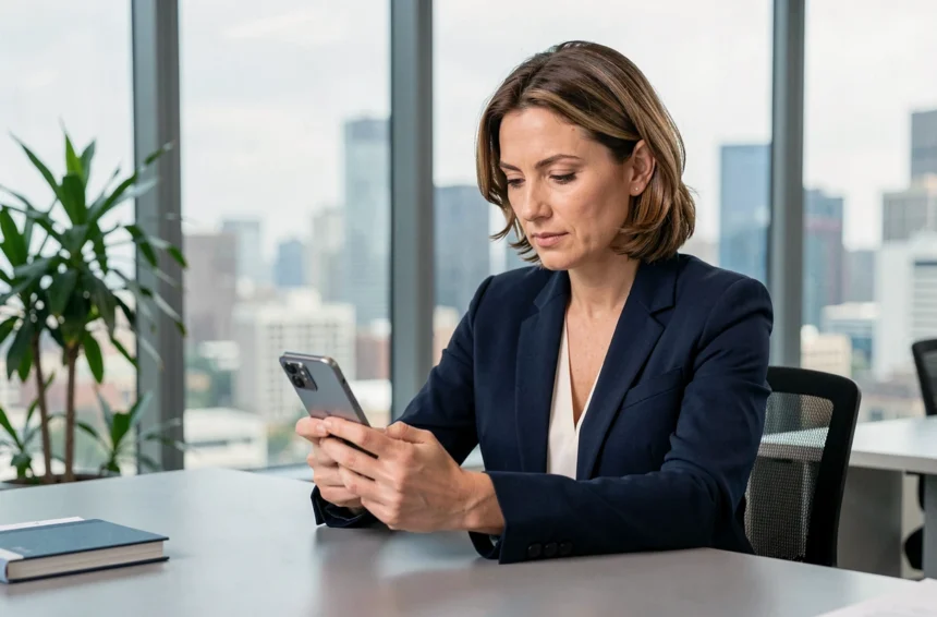 Femme professionnelle utilisant un Xiaomi 14T dans un bureau moderne pour un usage professionnel