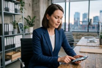 Femme professionnelle utilisant un scanner d'empreintes sur smartphone