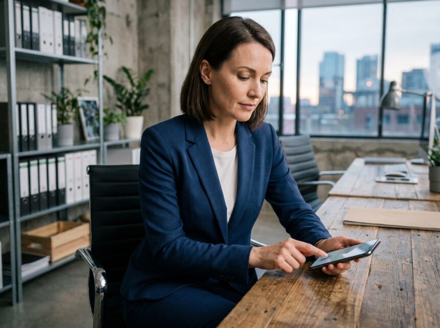 Femme professionnelle utilisant un scanner d'empreintes sur smartphone