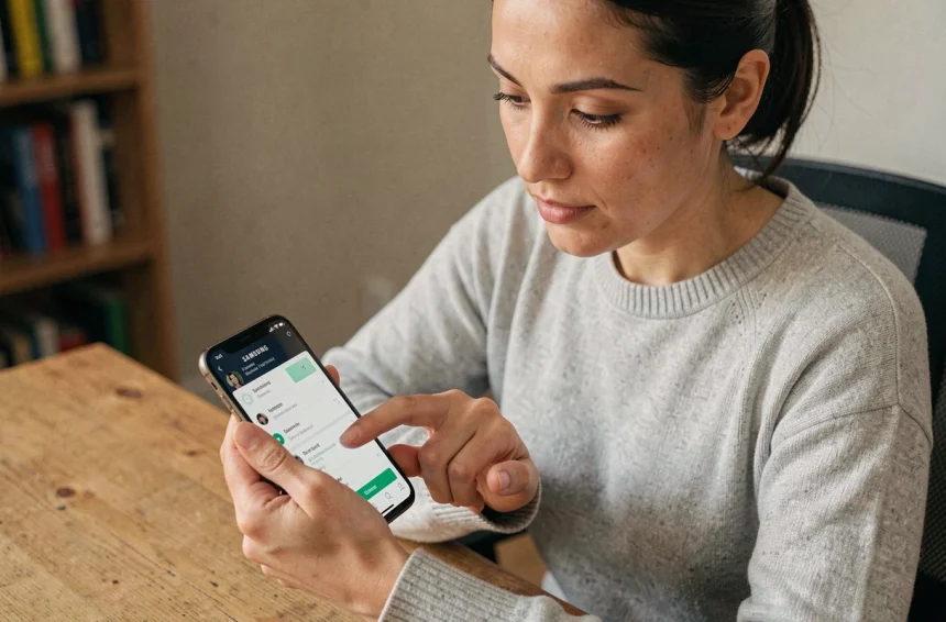 Femme utilisant un smartphone Samsung pour trouver la corbeille dans les paramètres de l'application