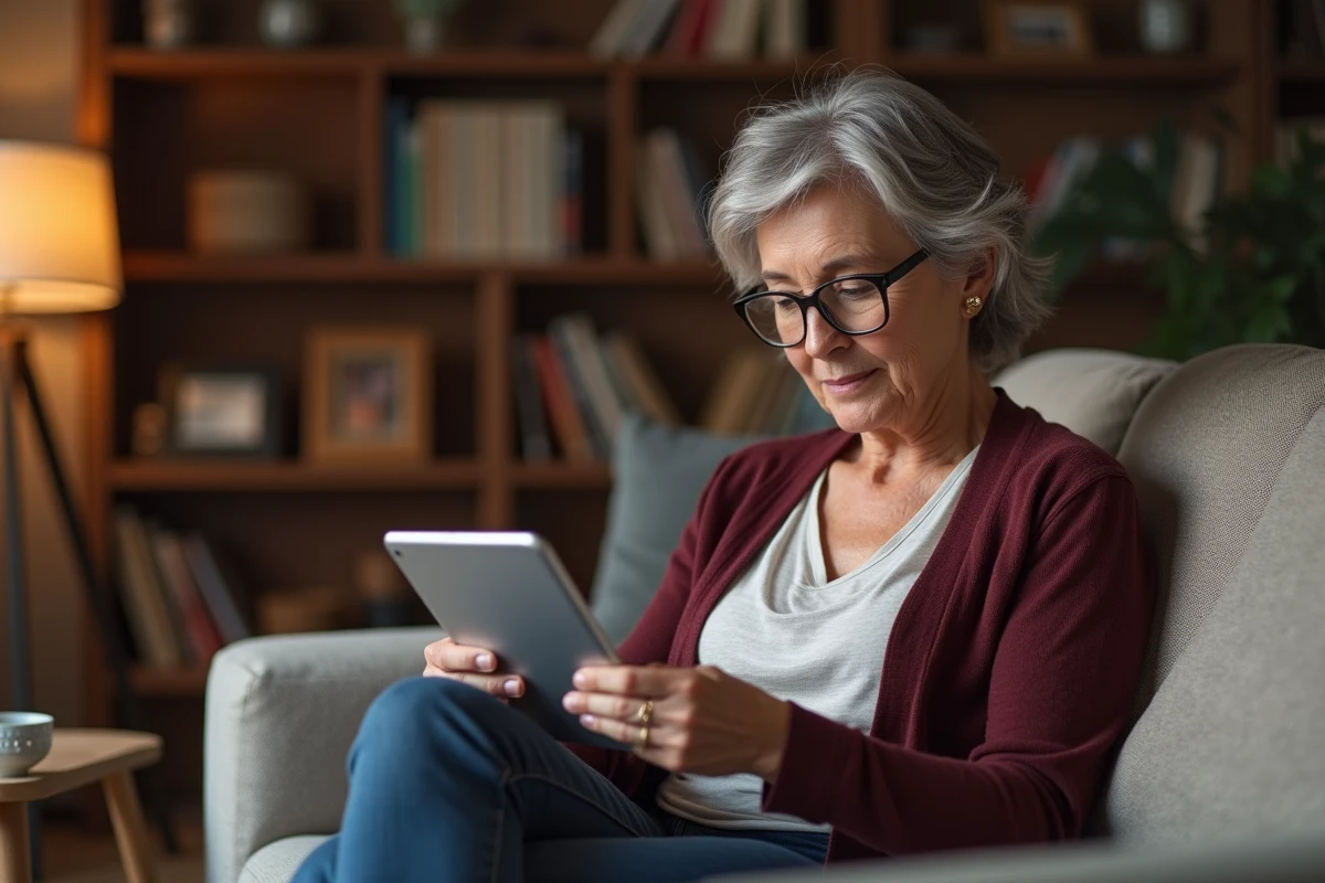 Femme senior utilisant une tablette pour accéder à ses bulletins de salaire dématérialisés