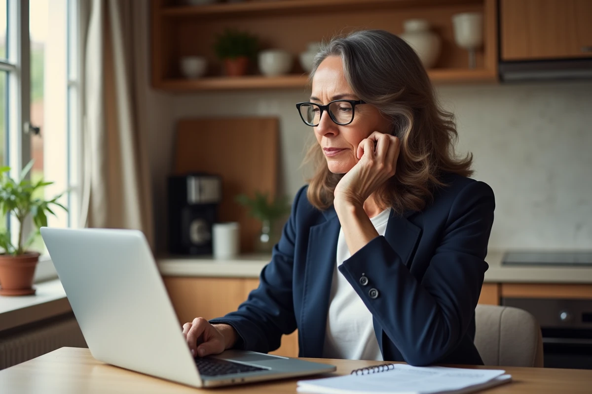 Femme senior en télétravail depuis une cuisine aménagée en espace de travail avec messagerie web ouverte sur ordinateur portable