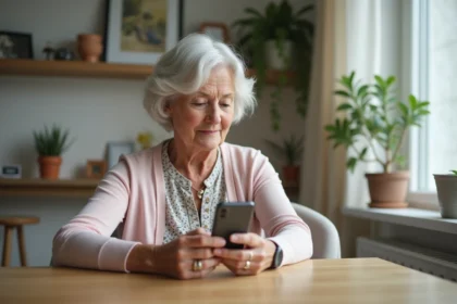 Femme silver cheveux assise à une table moderne avec smartphone